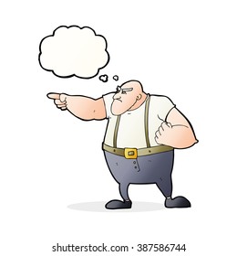 cartoon angry tough guy pointing with thought bubble