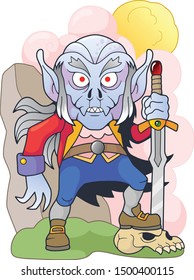 cartoon angry vampire with a sword, funny illustration