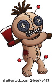 Cartoon angry voodoo doll holding axe