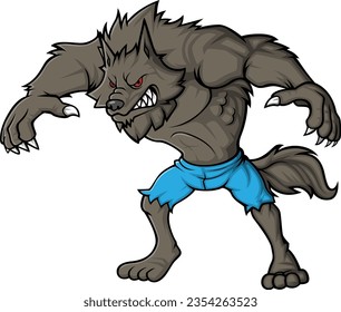 Cartoon angry werewolf character on white background of illustration