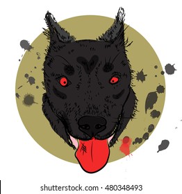 Cartoon angry werewolf face on the bright background. Watercolor blots