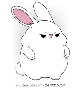 Cartoon of an angry white bunny with a grumpy expression and crossed arms. Ideal for humorous and animal-themed designs.