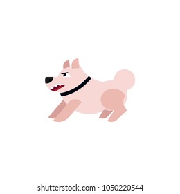 Cartoon angry white dog in black collar grin teeth. Agressive animal pet, expressin fury agression. Vector illustration on isolated white background