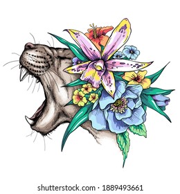 Cartoon angry wild cat head in a floral wreath. Beautiful predator with flowers. Stylish image for printing on any surface