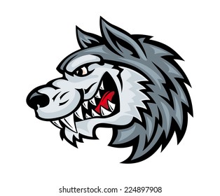 Cartoon angry wolf head isolated on white background. Vector illustration