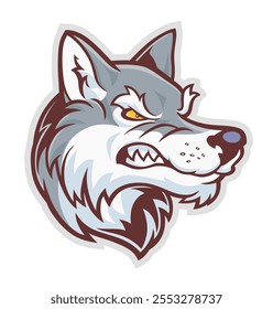 Cartoon angry wolf head vector drawing on the white background.