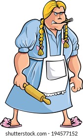 Cartoon Angry Woman With Rolling Pin. Isolated