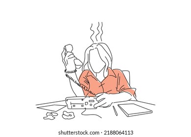 Cartoon Of Angry Woman Yelling At A Office Phone, Unhappy With Customer Service. Single Continuous Line Art Style
