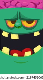 Cartoon angry zombie face avatar. Halloween vector illustration of funny zombie moaning with wide open mouth full of teeth. Great for decoration or package design