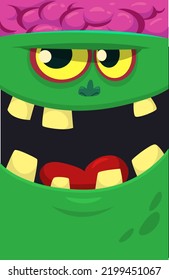 Cartoon angry zombie face avatar. Halloween vector illustration of funny zombie moaning with wide open mouth full of teeth. Great for decoration or package design