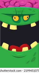 Cartoon angry zombie face avatar. Halloween vector illustration of funny zombie moaning with wide open mouth full of teeth. Great for decoration or package design