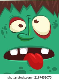 Cartoon angry zombie face avatar. Halloween vector illustration of funny zombie moaning with wide open mouth full of teeth. Great for decoration or package design