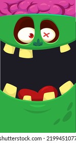 Cartoon angry zombie face avatar. Halloween vector illustration of funny zombie moaning with wide open mouth full of teeth. Great for decoration or package design