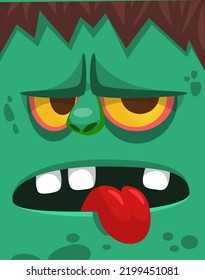 Cartoon angry zombie face avatar. Halloween vector illustration of funny zombie moaning with wide open mouth full of teeth. Great for decoration or package design