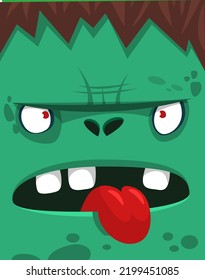 Cartoon angry zombie face avatar. Halloween vector illustration of funny zombie moaning with wide open mouth full of teeth. Great for decoration or package design