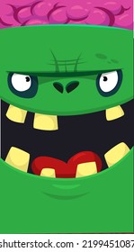 Cartoon angry zombie face avatar. Halloween vector illustration of funny zombie moaning with wide open mouth full of teeth. Great for decoration or package design