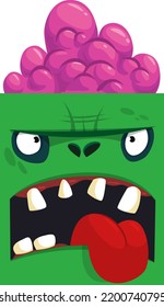 Cartoon angry zombie face avatar. Halloween vector illustration of funny zombie moaning with wide open mouth full of teeth. Great for decoration or package design