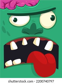 Cartoon angry zombie face avatar. Halloween vector illustration of funny zombie moaning with wide open mouth full of teeth. Great for decoration or package design