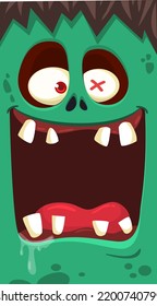 Cartoon angry zombie face avatar. Halloween vector illustration of funny zombie moaning with wide open mouth full of teeth. Great for decoration or package design