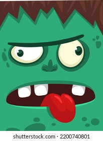 Cartoon angry zombie face avatar. Halloween vector illustration of funny zombie moaning with wide open mouth full of teeth. Great for decoration or package design