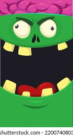 Cartoon angry zombie face avatar. Halloween vector illustration of funny zombie moaning with wide open mouth full of teeth. Great for decoration or package design