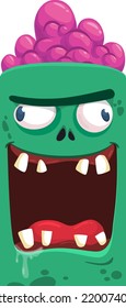 Cartoon angry zombie face avatar. Halloween vector illustration of funny zombie moaning with wide open mouth full of teeth. Great for decoration or package design