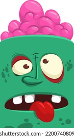 Cartoon angry zombie face avatar. Halloween vector illustration of funny zombie moaning with wide open mouth full of teeth. Great for decoration or package design