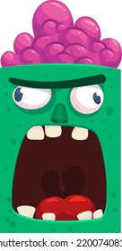 Cartoon angry zombie face avatar. Halloween vector illustration of funny zombie moaning with wide open mouth full of teeth. Great for decoration or package design