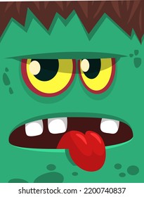 Cartoon angry zombie face avatar. Halloween vector illustration of funny zombie moaning with wide open mouth full of teeth. Great for decoration or package design