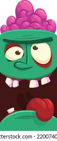 Cartoon angry zombie face avatar. Halloween vector illustration of funny zombie moaning with wide open mouth full of teeth. Great for decoration or package design