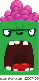 Cartoon angry zombie face avatar. Halloween vector illustration of funny zombie moaning with wide open mouth full of teeth. Great for decoration or package design