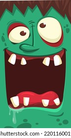 Cartoon angry zombie face avatar. Halloween vector illustration of funny zombie moaning with wide open mouth full of teeth. Great for decoration or package design
