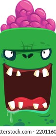 Cartoon angry zombie face avatar. Halloween vector illustration of funny zombie moaning with wide open mouth full of teeth. Great for decoration or package design