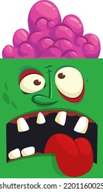 Cartoon angry zombie face avatar. Halloween vector illustration of funny zombie moaning with wide open mouth full of teeth. Great for decoration or package design