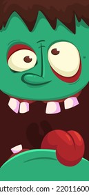 Cartoon angry zombie face avatar. Halloween vector illustration of funny zombie moaning with wide open mouth full of teeth. Great for decoration or package design