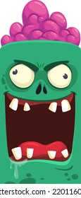 Cartoon angry zombie face avatar. Halloween vector illustration of funny zombie moaning with wide open mouth full of teeth. Great for decoration or package design