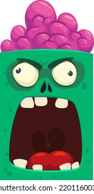 Cartoon angry zombie face avatar. Halloween vector illustration of funny zombie moaning with wide open mouth full of teeth. Great for decoration or package design