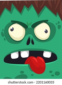Cartoon angry zombie face avatar. Halloween vector illustration of funny zombie moaning with wide open mouth full of teeth. Great for decoration or package design