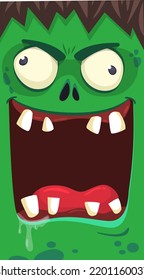 Cartoon angry zombie face avatar. Halloween vector illustration of funny zombie moaning with wide open mouth full of teeth. Great for decoration or package design