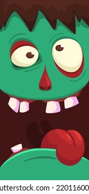 Cartoon angry zombie face avatar. Halloween vector illustration of funny zombie moaning with wide open mouth full of teeth. Great for decoration or package design