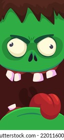 Cartoon angry zombie face avatar. Halloween vector illustration of funny zombie moaning with wide open mouth full of teeth. Great for decoration or package design