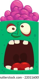 Cartoon angry zombie face avatar. Halloween vector illustration of funny zombie moaning with wide open mouth full of teeth. Great for decoration or package design