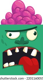 Cartoon angry zombie face avatar. Halloween vector illustration of funny zombie moaning with wide open mouth full of teeth. Great for decoration or package design