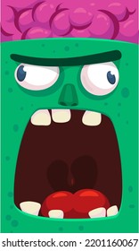 Cartoon angry zombie face avatar. Halloween vector illustration of funny zombie moaning with wide open mouth full of teeth. Great for decoration or package design