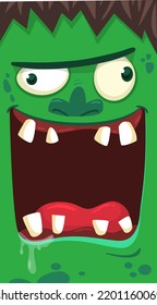 Cartoon angry zombie face avatar. Halloween vector illustration of funny zombie moaning with wide open mouth full of teeth. Great for decoration or package design