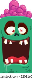 Cartoon angry zombie face avatar. Halloween vector illustration of funny zombie moaning with wide open mouth full of teeth. Great for decoration or package design