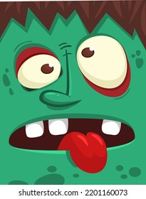 Cartoon angry zombie face avatar. Halloween vector illustration of funny zombie moaning with wide open mouth full of teeth. Great for decoration or package design