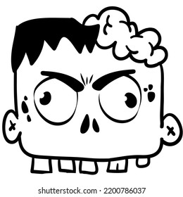 Cartoon angry zombie. Halloween vector illustration of funny zombie moaning with wide open mouth full of teeth. Contour drawing outlined