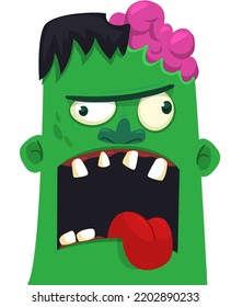 Cartoon angry zombie head. Halloween vector illustration of funny zombie moaning with wide open mouth full of teeth. Great for decoration or package design