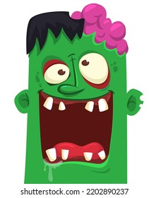 Cartoon angry zombie head. Halloween vector illustration of funny zombie moaning with wide open mouth full of teeth. Great for decoration or package design